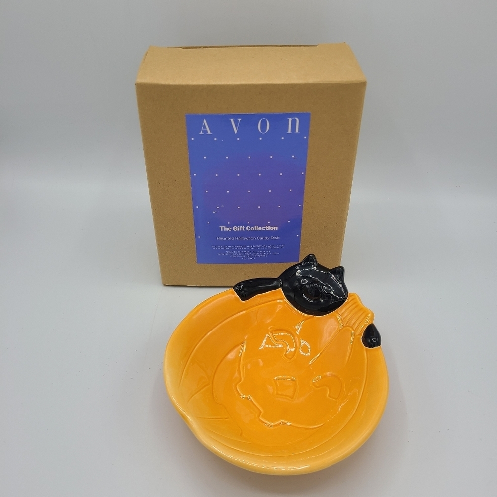 Avon Ceramic Haunted Halloween Candy Dish Black Cat Orange Pumpkin Vintage